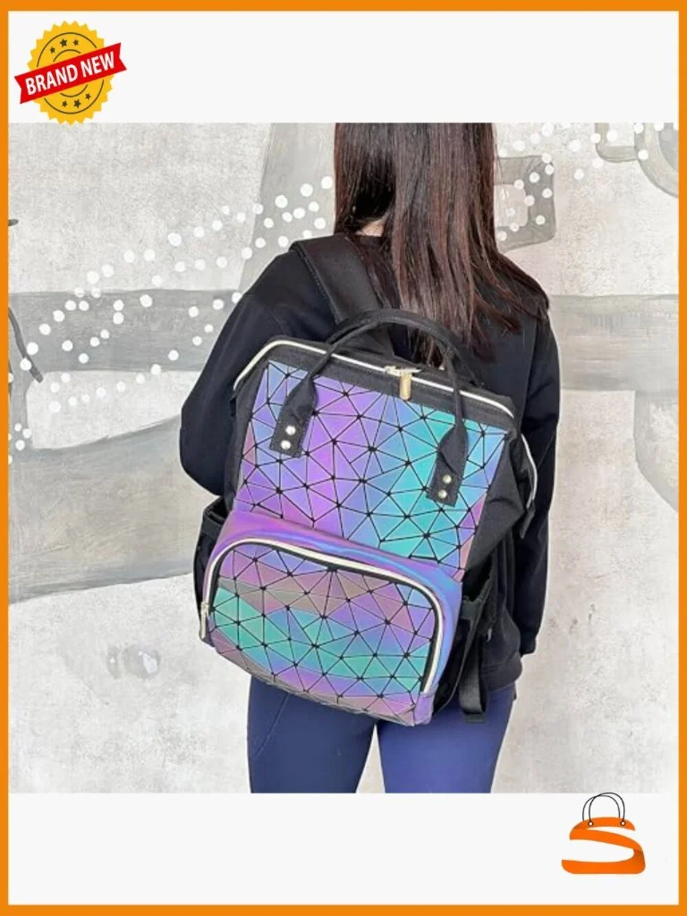Geometric Holographic Laptop Backpack USB Port Travel Daypack